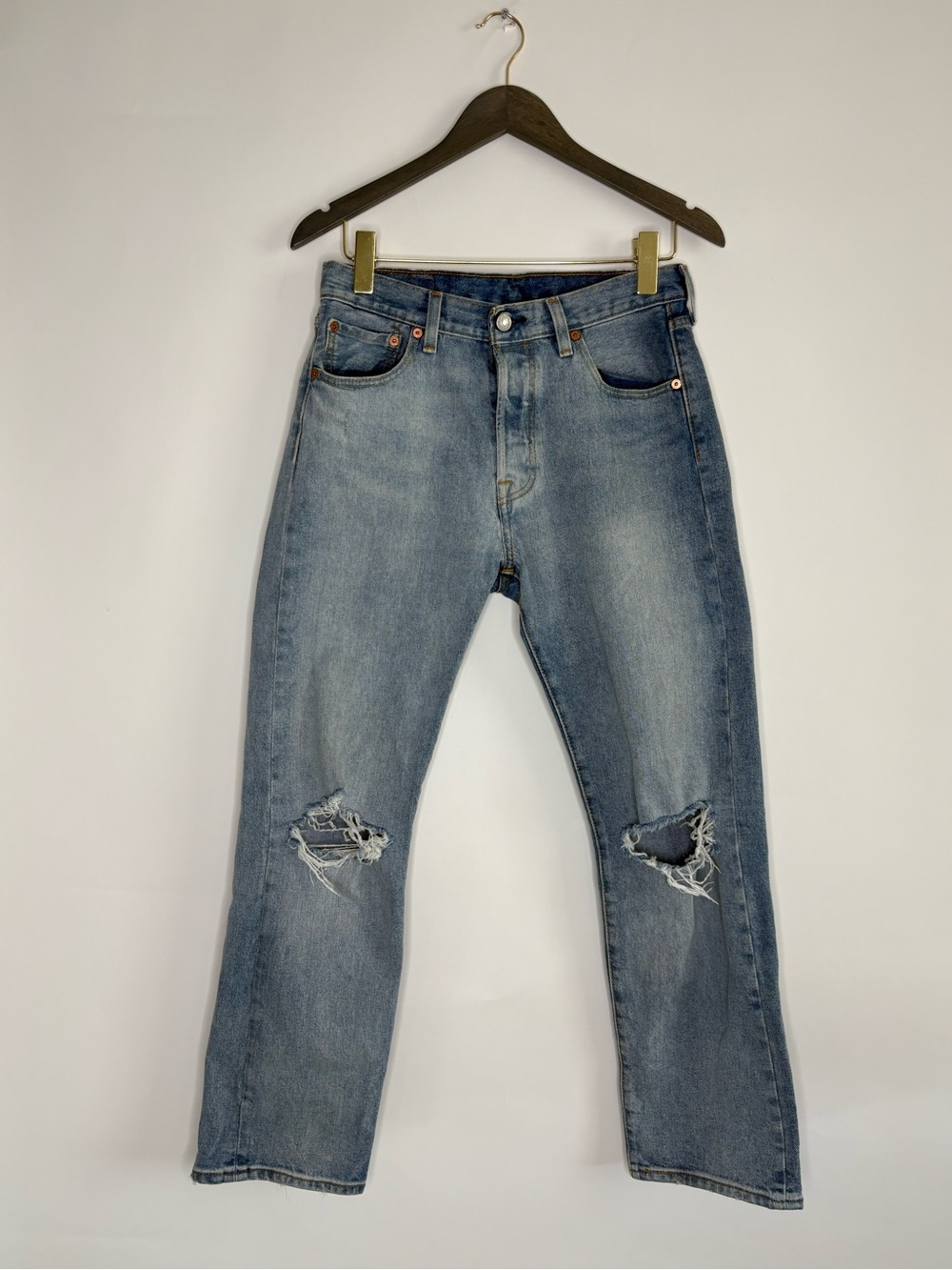 Levi's Mens 30x30 501 Original Fit Distressed Ripped Thrashed Knees Light Jeans